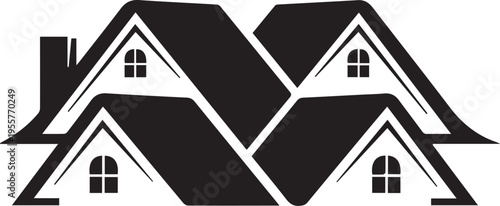 A stylized illustration of three connected houses with gabled roofs