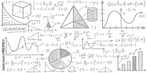 Seamless pattern with hand drawn mathematical formulas geometry shapes and scientific equations vector illustration