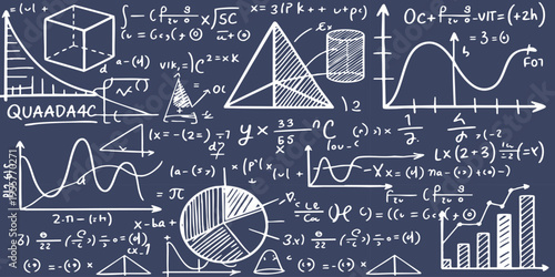 Educational chalkboard background with handwritten mathematical formulas and geometric shapes vector illustration