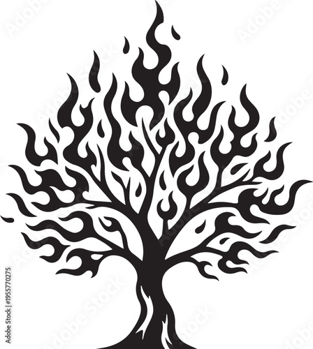 A tree engulfed in flames with a thick trunk and sprawling branches