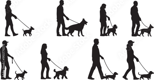 People Walking Dogs Silhouette Set – Diverse Pet Owners and Canines on Leash