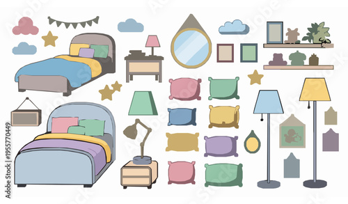 Colorful Cute Bedroom Interior Furniture Elements Vector Illustration Set