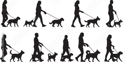 People Walking Dogs Silhouette Set – Diverse Pet Owners and Canines on Leash