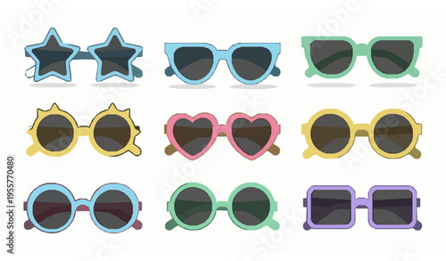 Cute Cartoon Kids Sunglasses Collection Vector Illustration Isolated on White Background