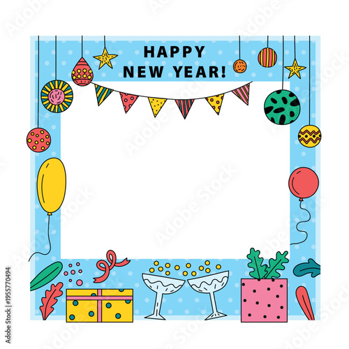 A colorful illustration of a New Year's Eve celebration with decorations and champagne