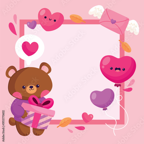 A cute brown teddy bear holding a gift in a pink frame with hearts and balloons
