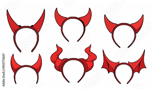 Cartoon Red Devil Horns Headband Vector Illustration Set for Halloween Events
