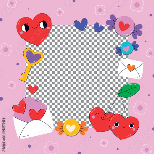 A colorful illustration of cartoon hearts and flowers surrounding a checkered frame on a pink background