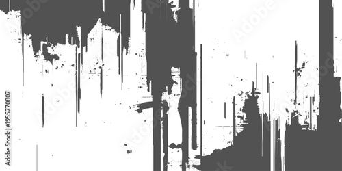 Abstract grunge texture with vertical streaks, rough paint drips, and distressed edges, monochrome grayscale, urban decay aesthetic, glitch-like composition, minimalist background.
