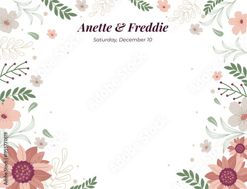 A beautiful floral wedding invitation with pink flowers and green leaves on a white background
