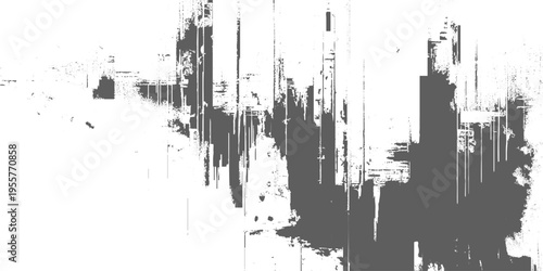 Abstract grunge texture with vertical streaks, rough paint drips, and distressed edges, monochrome grayscale, urban decay aesthetic, glitch-like composition, minimalist background.