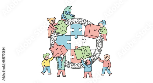 Diverse children holding puzzle pieces together.