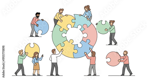 Diverse group of people assembling puzzle.