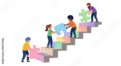 Diverse people working together puzzle.