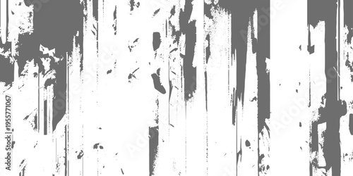 Abstract grunge texture with vertical streaks, rough paint drips, and distressed edges, monochrome grayscale, urban decay aesthetic, glitch-like composition, minimalist background.