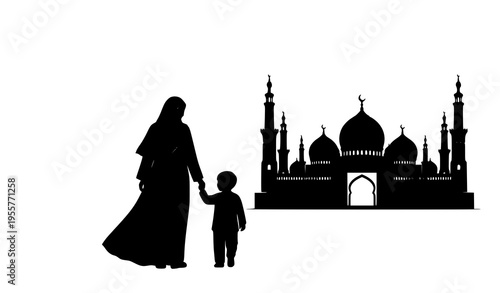 Black silhouette of woman in abaya holding boy’s hand walking toward Islamic landmark under clear sky vector illustration