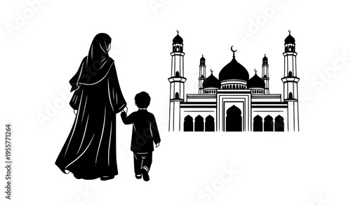 Silhouette of mother in abaya guiding son toward mosque with arches and domes clean vector illustration