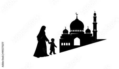 Minimalist black silhouette of woman in abaya with child approaching iconic Islamic architecture vector set