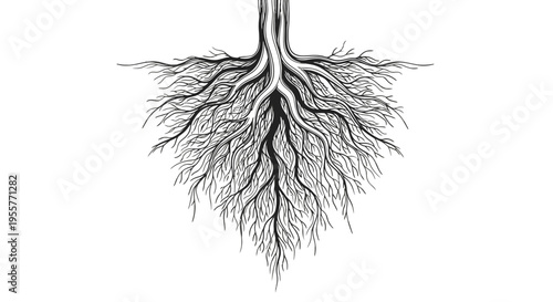 Black and white illustration of tree roots.
