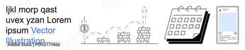 Financial growth, planning, scheduling, digital organization, investment management, strategy tools. Stacked coins and upward arrow, a calendar and a mobile interface. Financial growth and planning