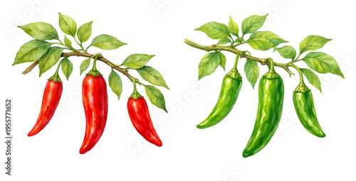 A vibrant collection of watercolor red and green chili peppers on branches, featuring ripe and unripe hanging chili pods with green leaves isolated on a transparent background.