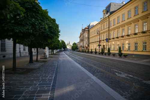 Building of the Constitutional Court of the Slovak Republic in Kosice: historical architecture and state symbols.