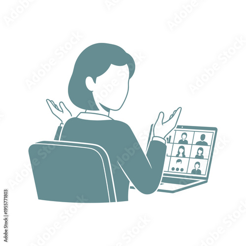 Female employee participating in remote team video call using laptop computer at her desk