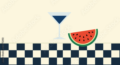 Minimal summer cocktail and watermelon flat illustration with retro checkerboard background