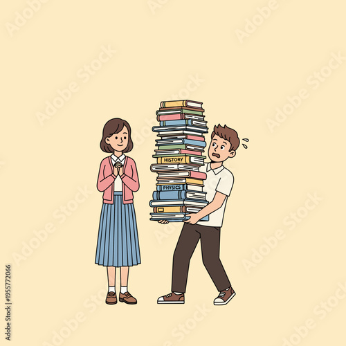 Student carrying heavy stack of books with friend support education struggle concept