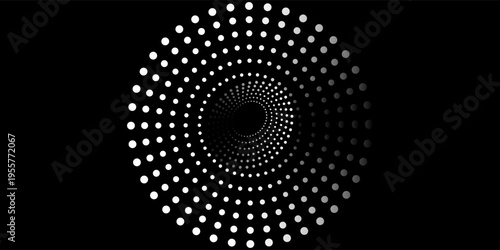 White vector halftone dots in spiral form. Geometric art. Segmented circle. Circular shape. Trendy design element for border frame, round logo, tattoo, sign, symbol, badge, emblem, web pages