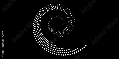 Modern abstract background. Halftone dots in circle form. Spiral logo, icon or design element. Black dots on a white background and white dots on the black side.