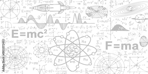 Seamless pattern background with physics formulas, scientific symbols, atoms and space elements vector illustration