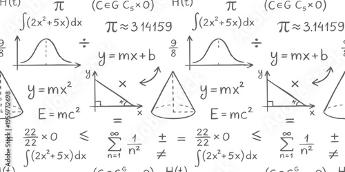 Seamless pattern with handwritten mathematical formulas and geometric shapes vector illustration for educational designs
