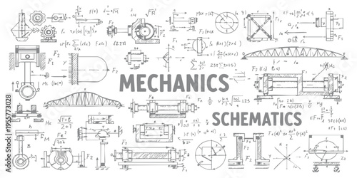 Hand drawn mechanical engineering schematics with technical formulas and machine parts vector background illustration