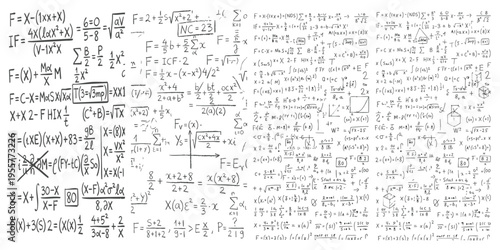 Seamless pattern of complex mathematical equations and physics formulas hand-drawn style vector illustration