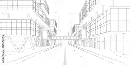 Modern architectural city street perspective sketch with buildings and empty road vector illustration
