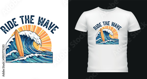 Ride the wave surfing vector illustration with surfboard and big wave