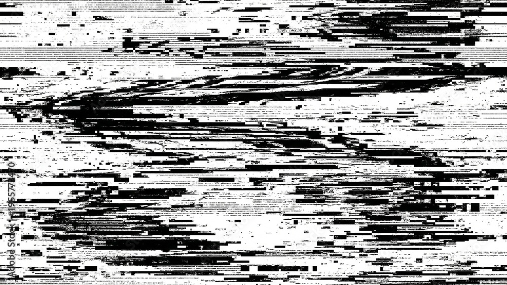 Fototapeta premium Abstract black and white digital glitch art background with horizontal noise lines and distorted pixels