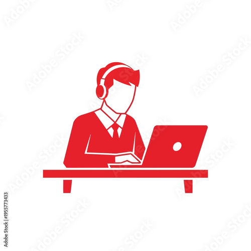Customer service operator man with headphones working on laptop, technical support