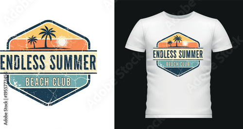 Endless summer beach design with palms and sun vintage print