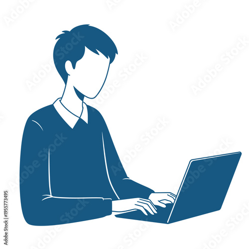 Young man working on laptop, focused on task, side profile view of person