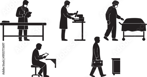 Autopsy Mortuary Technician Silhouette Set; Clinical Pathology and Forensics Icons