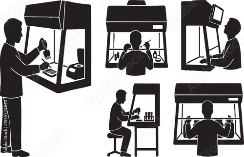 Biosafety Cabinet Technician Silhouette Set; Lab Hood and Sterile Research Icons