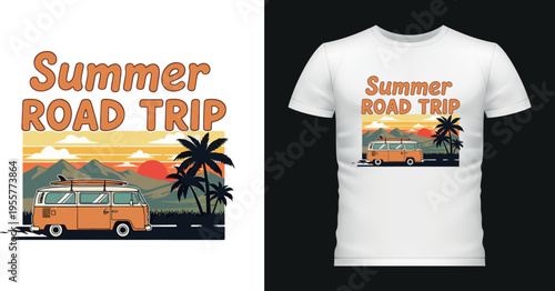 Summer road trip camper van on mountain road t shirt vector graphic