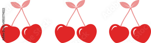 Cherry fruit vector illustration set with red sweet cherries and leaves, minimal flat design food icons, fresh organic berry elements isolated on white background.