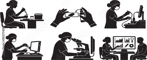 Cytopathology laboratory silhouettes set featuring technician preparing glass slides and medical scientist using microscope for cellular disease analysis