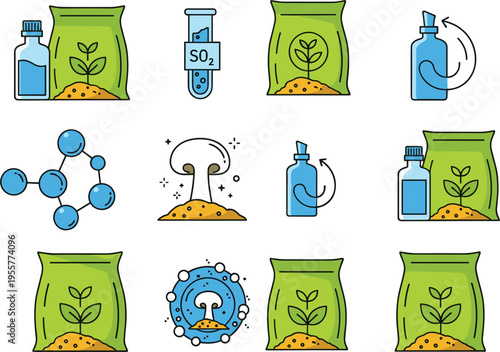 Agriculture fertilizer vector icon set with soil bags, plant growth, chemicals and spray bottle symbols, farming and crop nutrition elements isolated on white background.