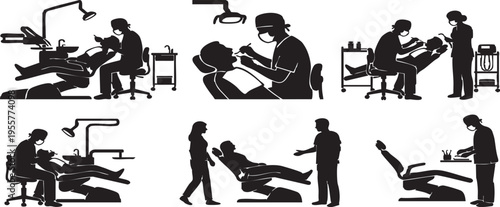 Dental Operatory Silhouette Set Dentist and Patient Treatment in Stomatology Clinic Icons