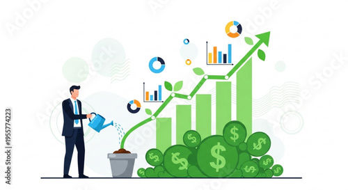 A businessman in a suit waters a growing plant with a bar graph and dollar coins, symbolizing financial growth and investment.