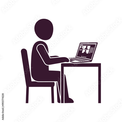 Stick figure character having video conference call on laptop computer at desk at night